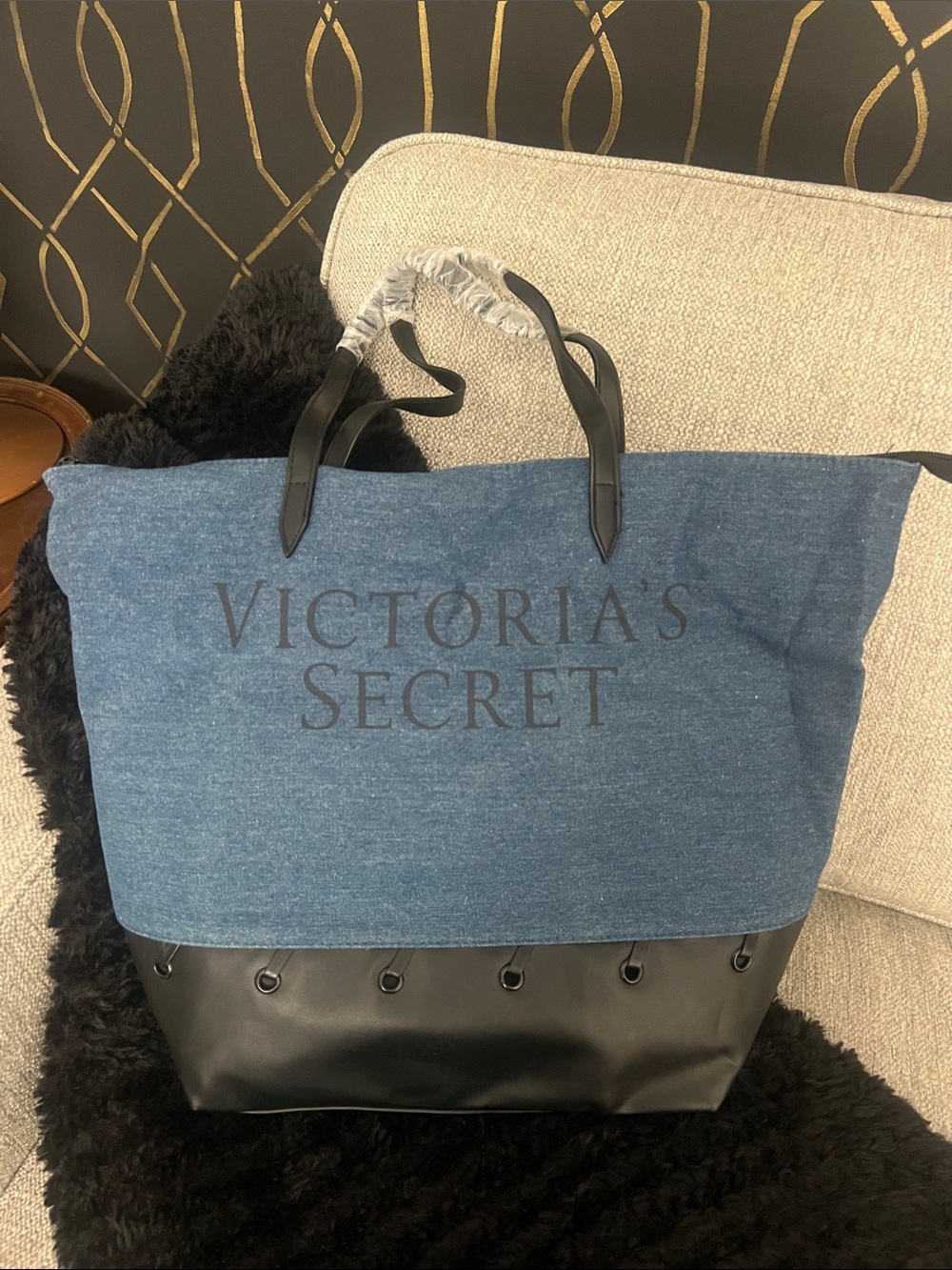 Victoria's Secret Blue Denim and Black Bottom Tote